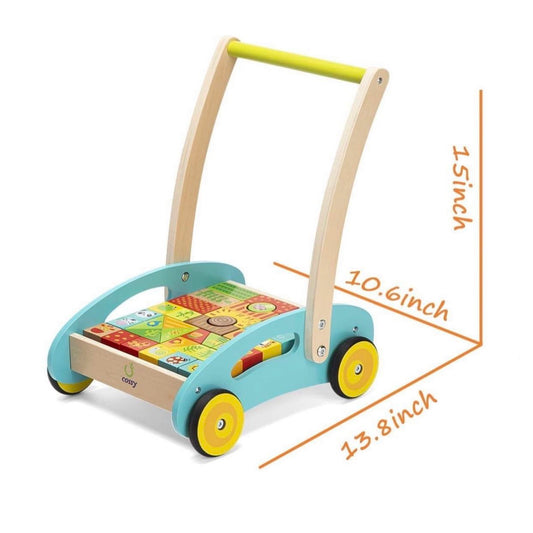 Wooden Baby Learning Walker Toddler Toys for 1 Year Old Forest Theme Blocks & Roll Cart Push Toy (37 Pcs)