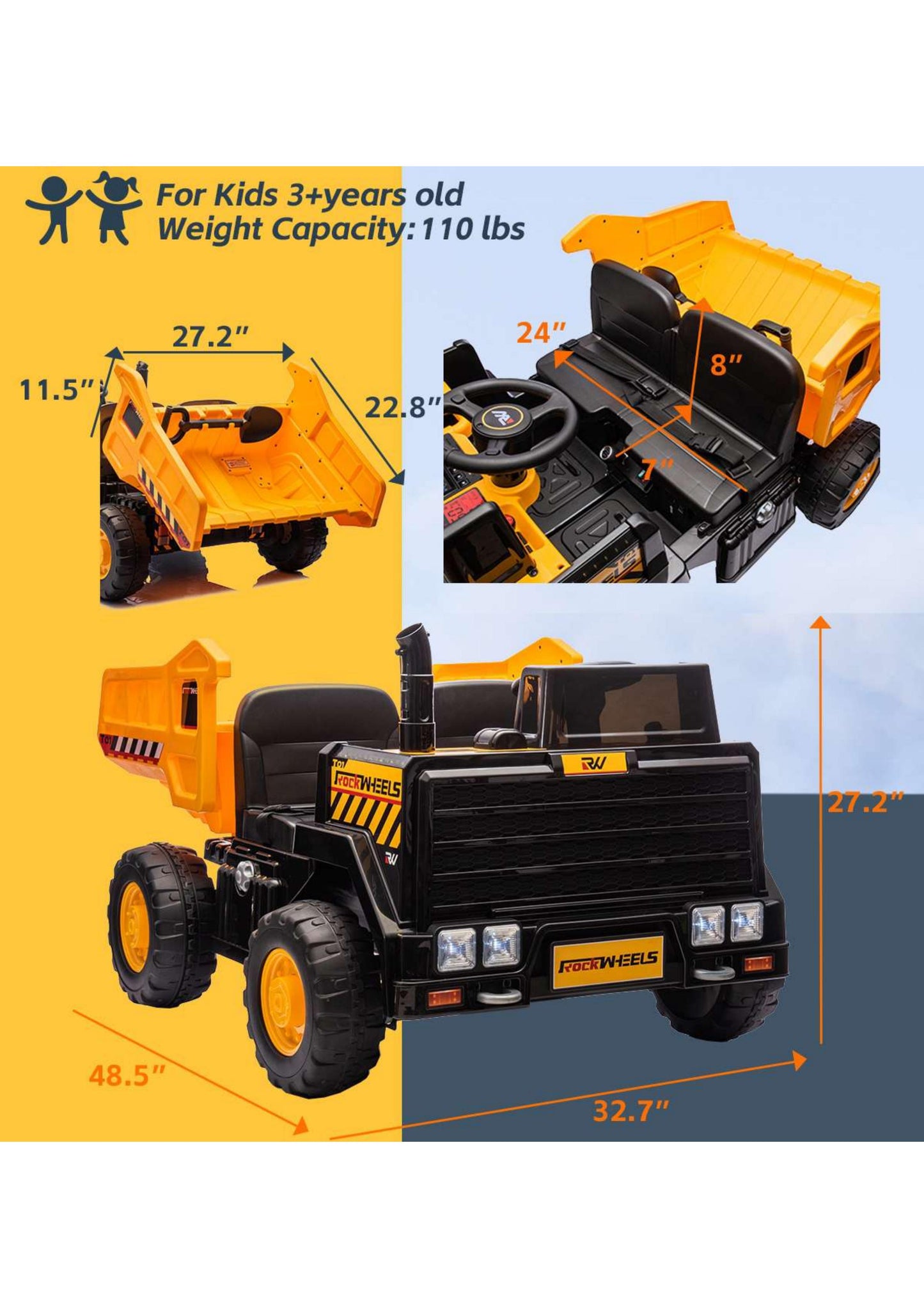 24V 2 Seater Ride On Dump Truck. Remote Control/4WD//Electric Dump Bed/Extra Shovel Traffic Cones