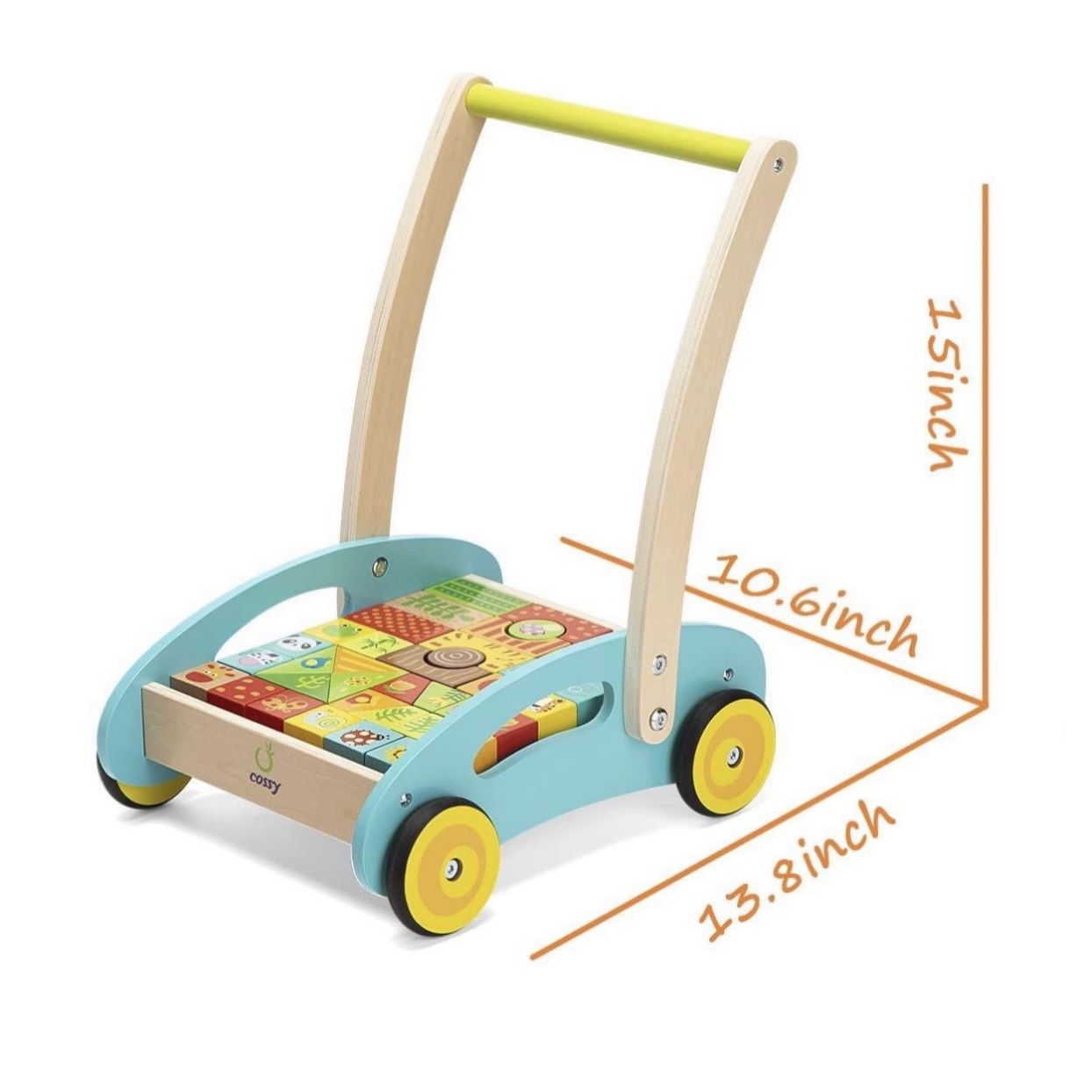 Wooden Baby Learning Walker Toddler Toys for 1 Year Old Forest Theme Blocks &amp; Roll Cart Push Toy (37 Pcs)