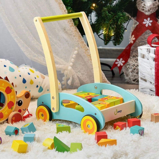 Wooden Baby Learning Walker Toddler Toys for 1 Year Old Forest Theme Blocks &amp; Roll Cart Push Toy (37 Pcs)