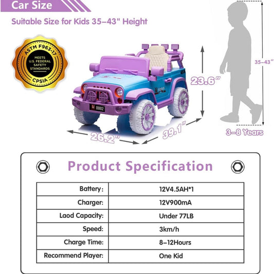 12v Kids Ride on Jeep, Battery Powered Electric Ride on Car with Parental Remote Control, Leather Seat, LED Lights, MP3